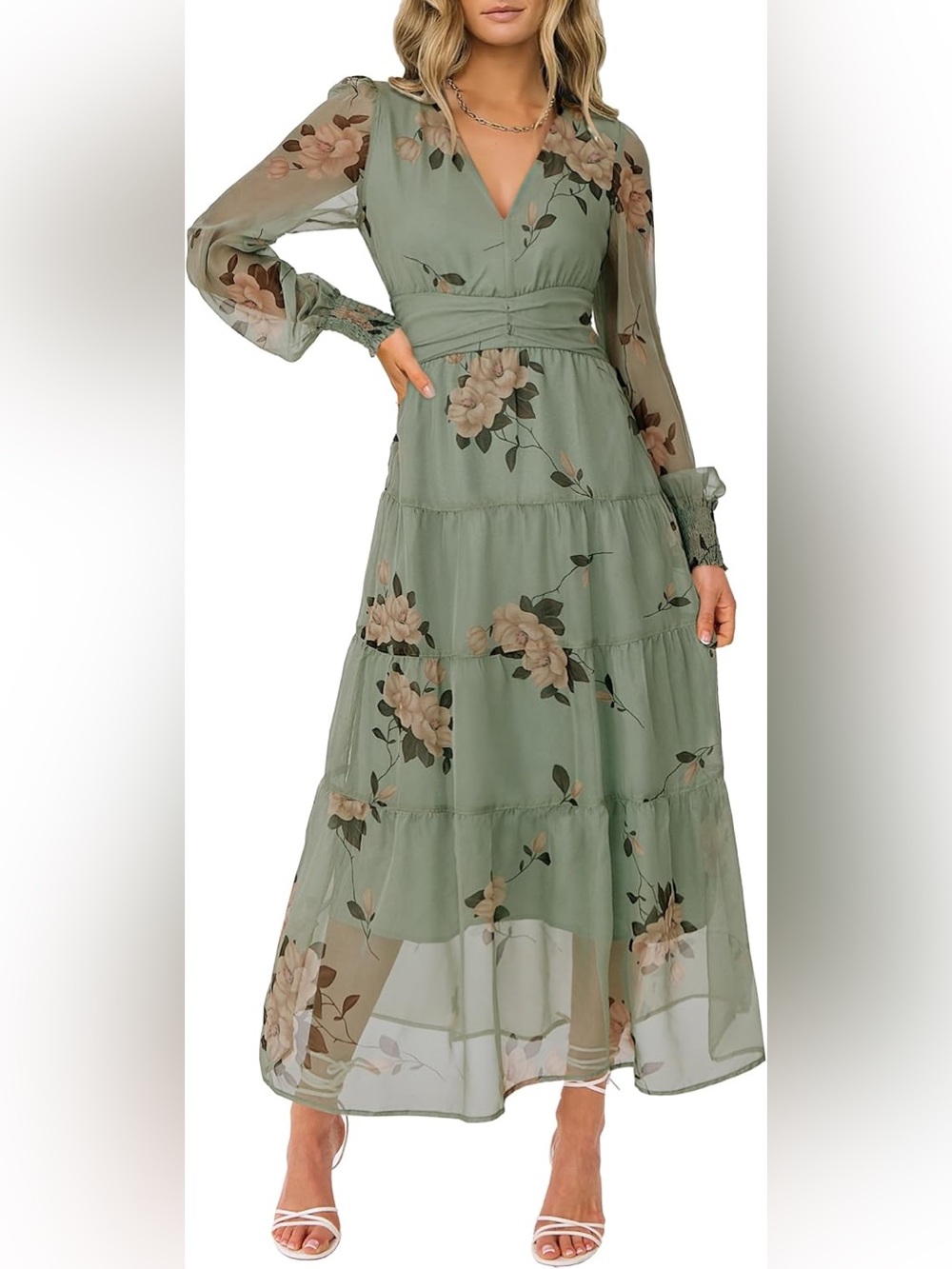 Floral V-Neck Tiered Maxi Dress in Sage Green